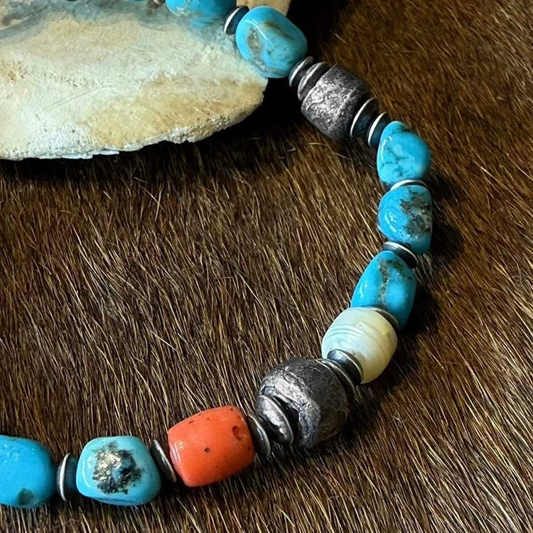 Vintage Native American Natural Turquoise Men’s Bracelet with Pearls and Glasses