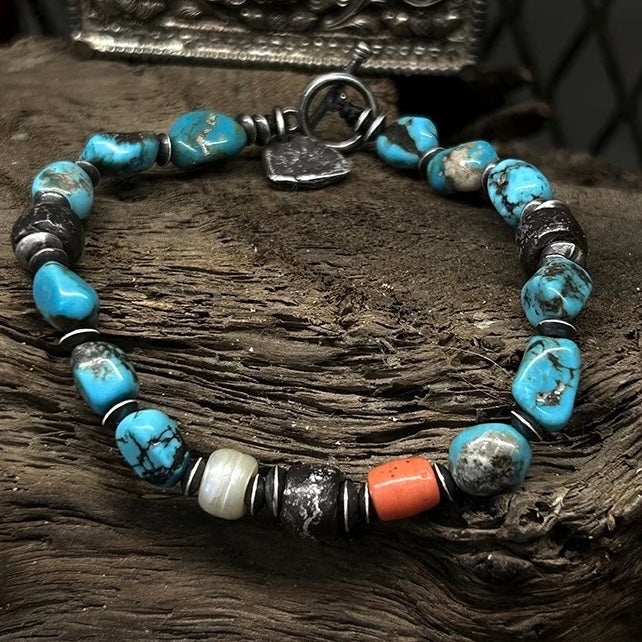 Vintage Native American Natural Turquoise Men’s Bracelet with Pearls and Glasses