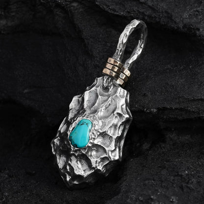 Vintage Rustic Hammered Rock with Inlaid Turquoise Men’s Silver Biker Necklace