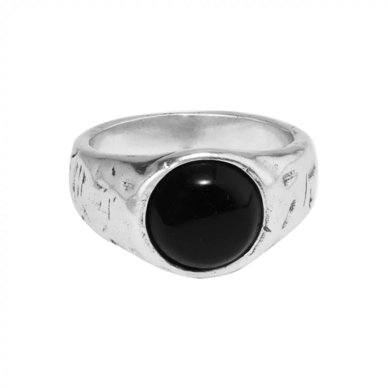 Vintage Inlaid Apache Tears Stone Black Obsidian Silver Ring