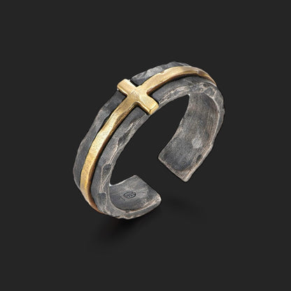 Rustic Golden Cross Brass Silver Cuff Ring