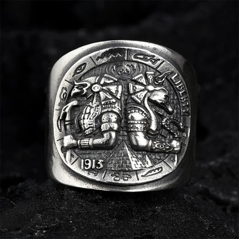 Vintage Ancient Egyptian Horus Anubis Men’s Silver Biker Ring