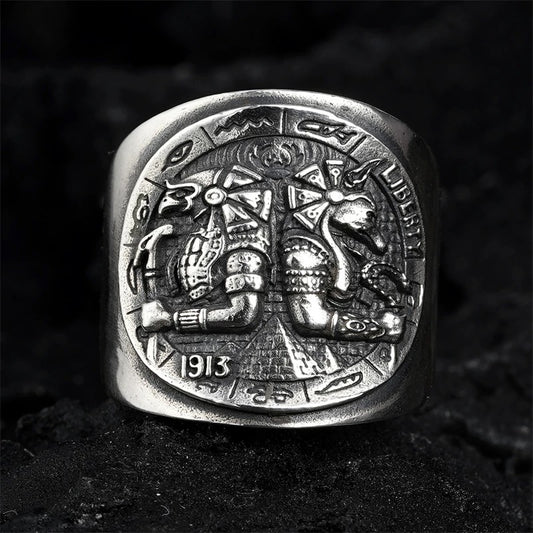 Vintage Ancient Egyptian Horus Anubis Men’s Silver Biker Ring