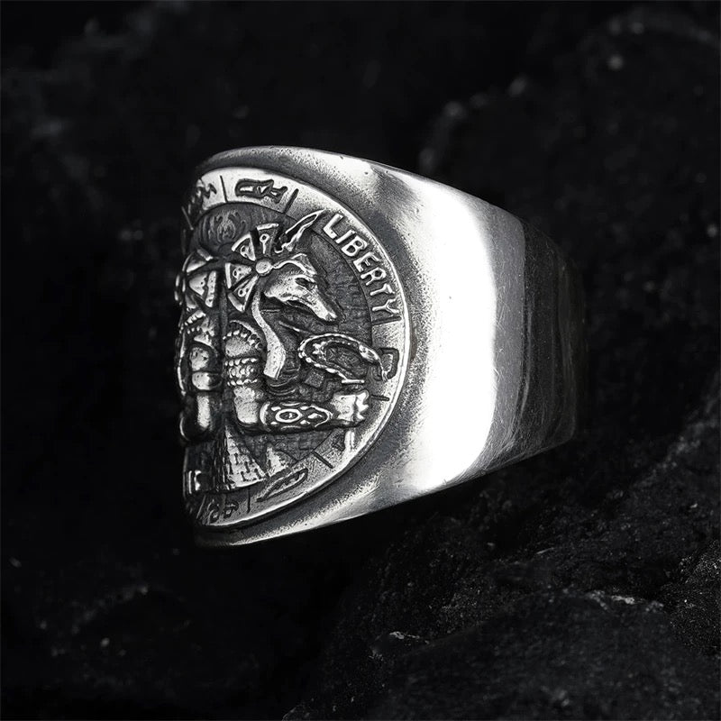 Vintage Ancient Egyptian Horus Anubis Men’s Silver Biker Ring