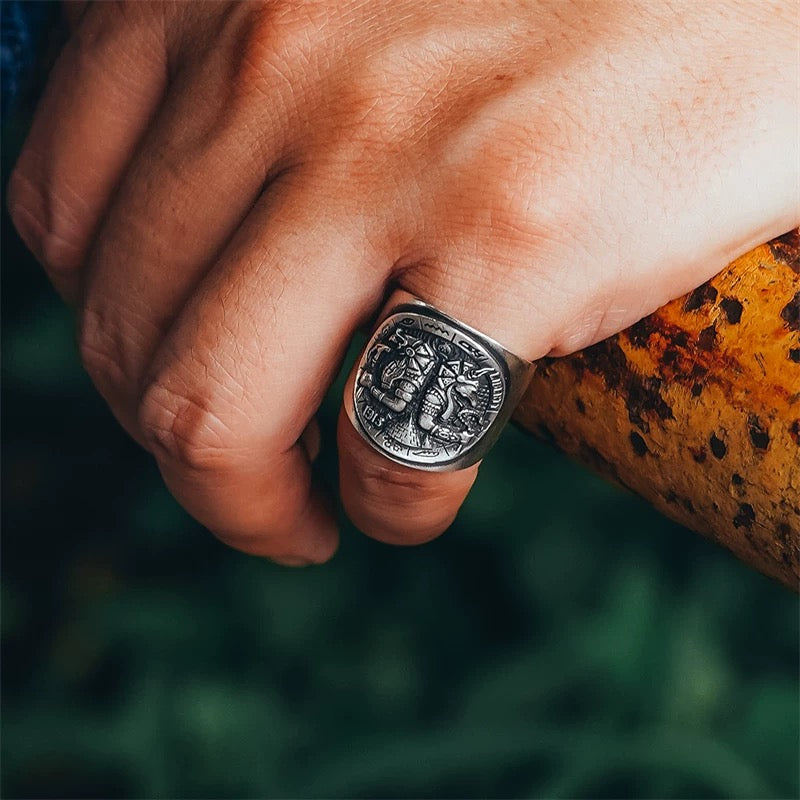 Vintage Ancient Egyptian Horus Anubis Men’s Silver Biker Ring