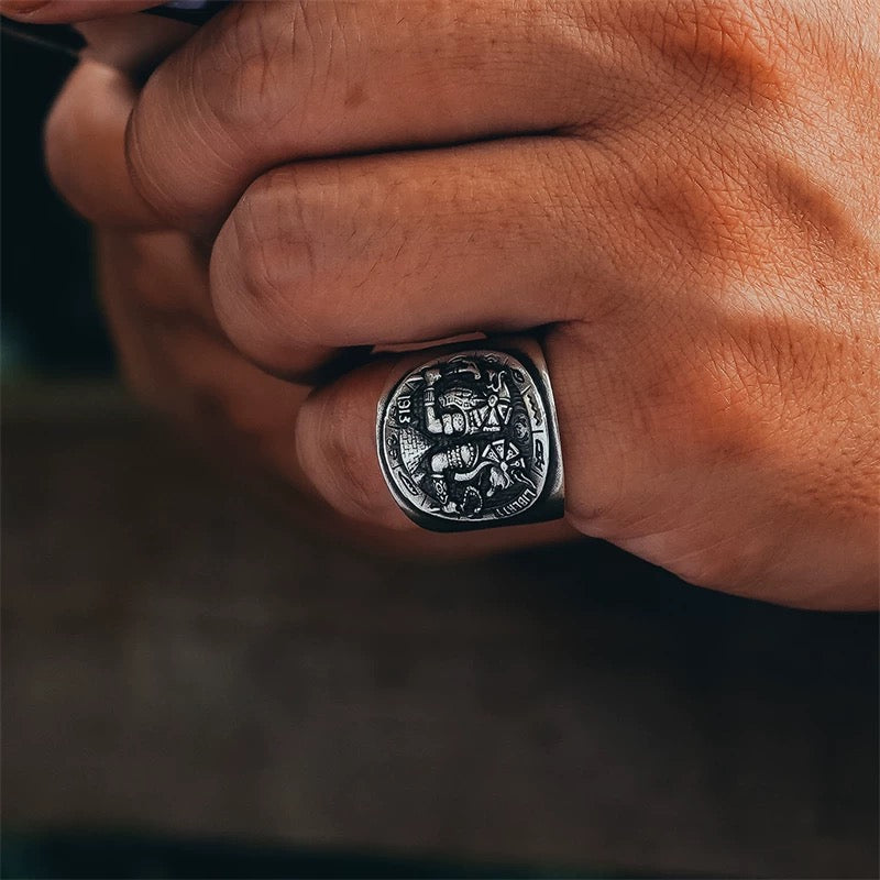 Vintage Ancient Egyptian Horus Anubis Men’s Silver Biker Ring