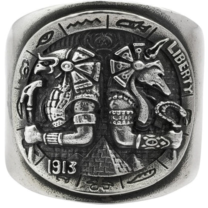 Vintage Ancient Egyptian Horus Anubis Men’s Silver Biker Ring