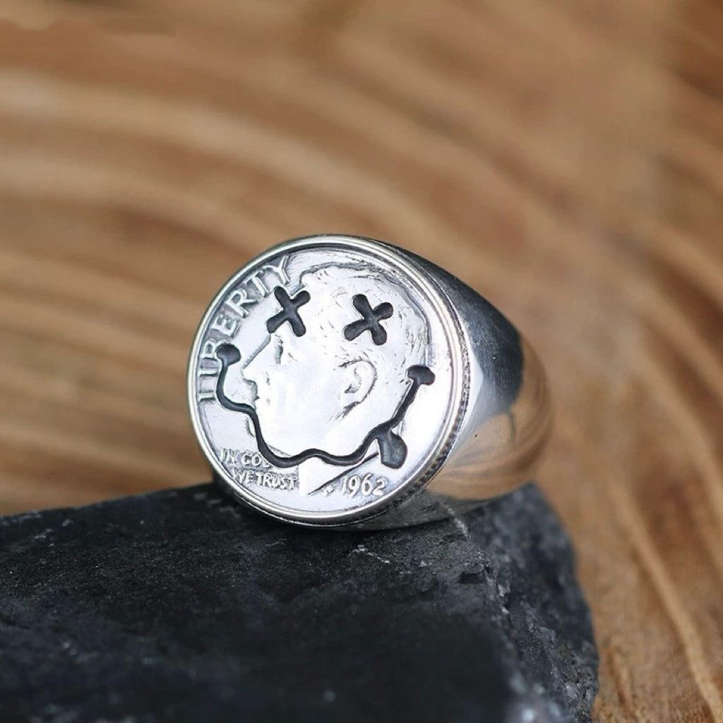 1962 Roosevelt Dime with Nirvana Smile Silver Coin Signet Ring