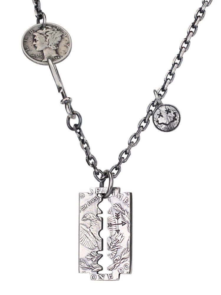 Antique Multi US Silver Coin Razor Blade Necklace