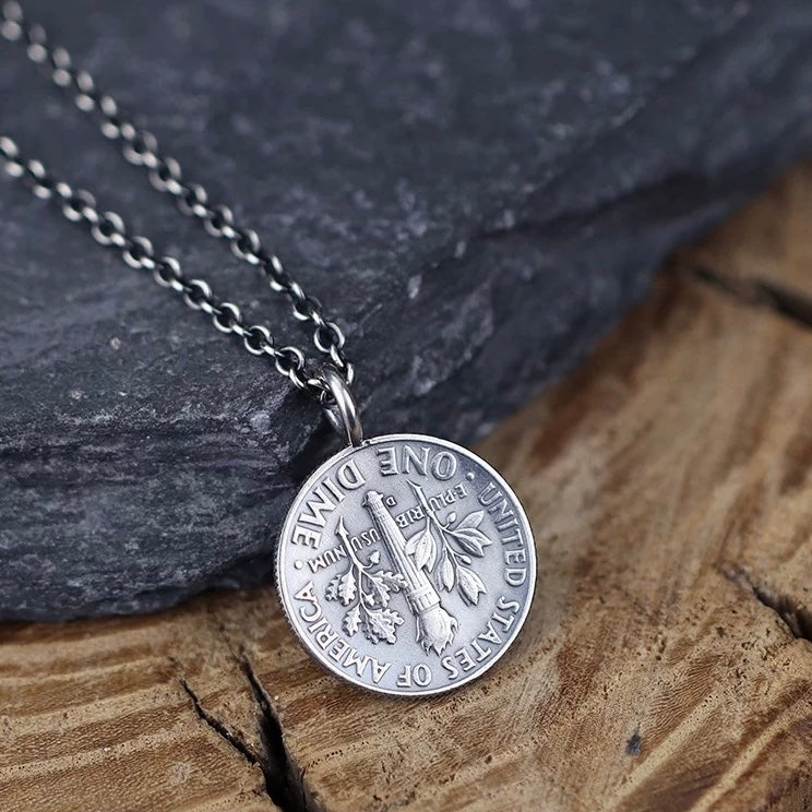 Antique US Silver Coin Necklace with Brass Icons