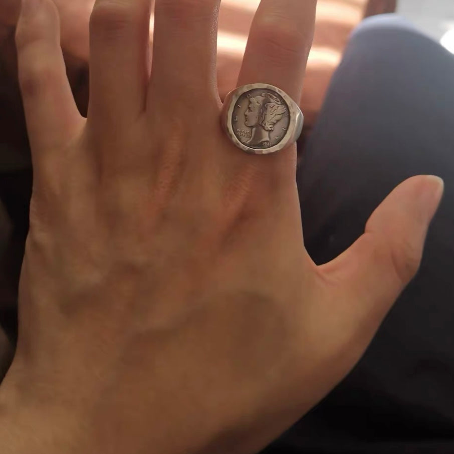 Antique US Dime Silver Coin Signet Ring in Hammered Bezel