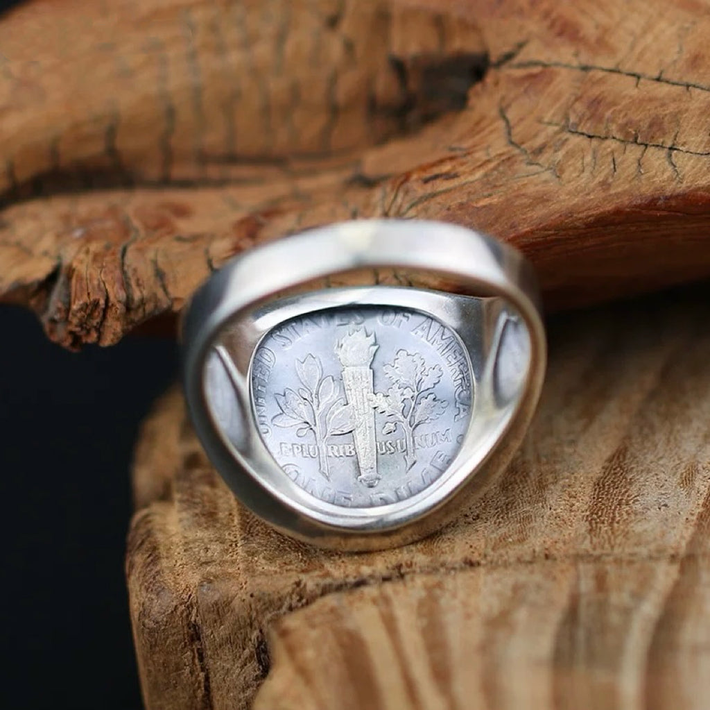 Antique US Dime Silver Coin Signet Ring in Hammered Bezel