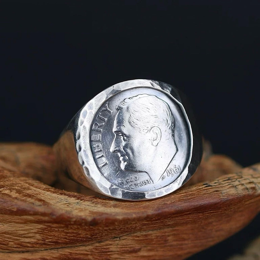 Antique US Dime Silver Coin Signet Ring in Hammered Bezel