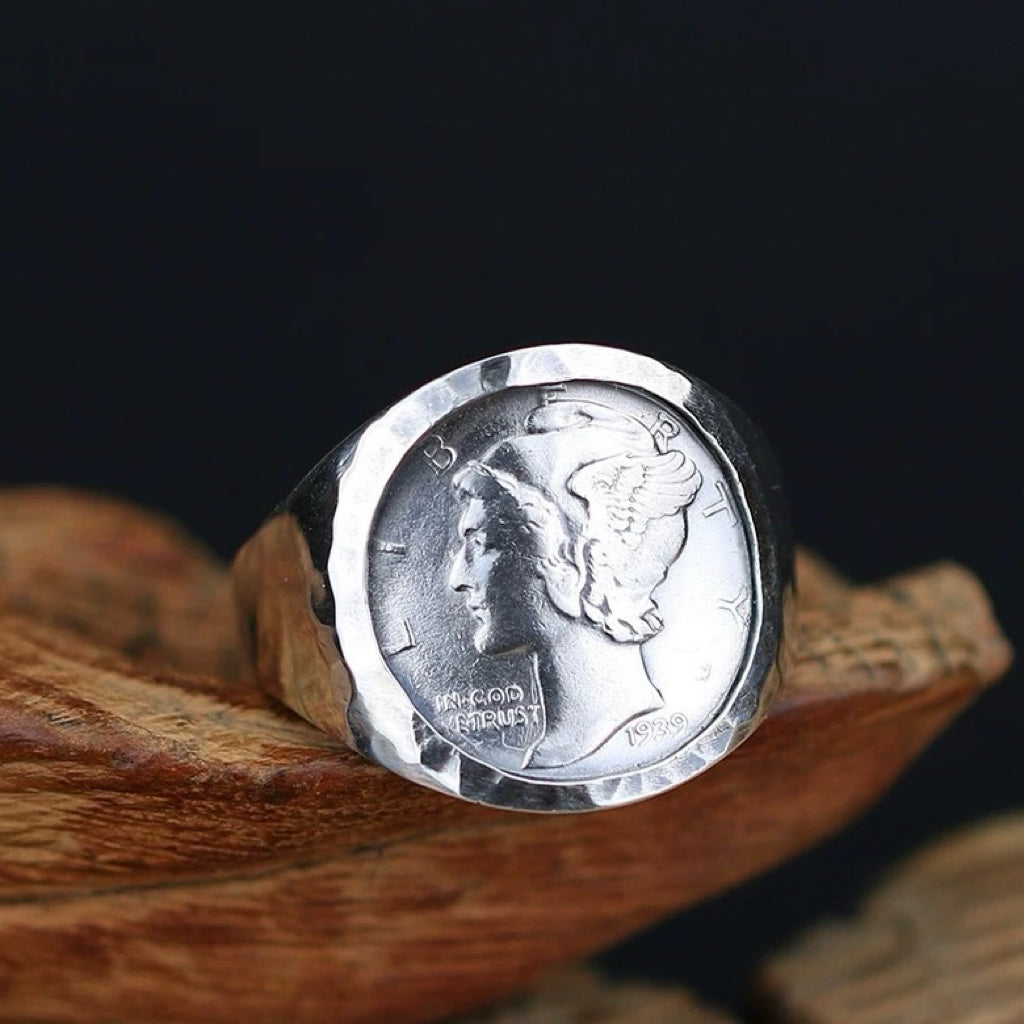 Antique US Dime Silver Coin Signet Ring in Hammered Bezel