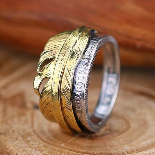 1963 Washington Quarter Silver Coin Ring with Brass Feather