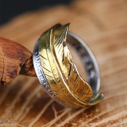 1963 Washington Quarter Silver Coin Ring with Brass Feather