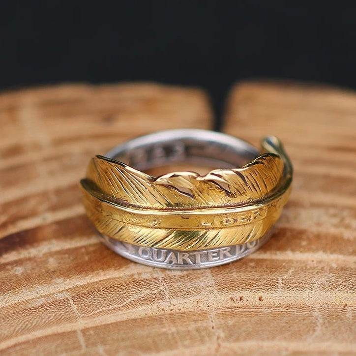 1963 Washington Quarter Silver Coin Ring with Brass Feather