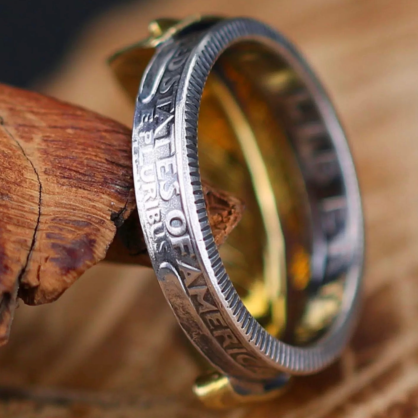 1963 Washington Quarter Silver Coin Ring with Brass Feather