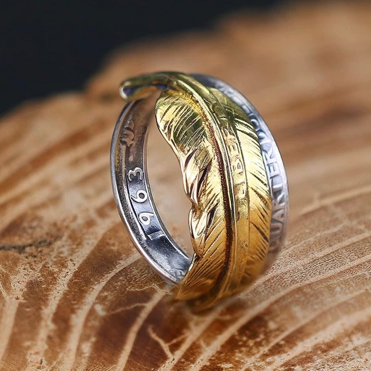 1963 Washington Quarter Silver Coin Ring with Brass Feather