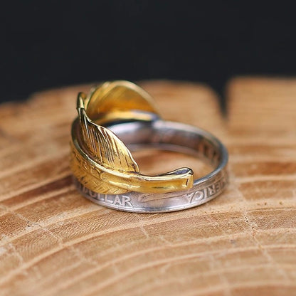 1963 Washington Quarter Silver Coin Ring with Brass Feather