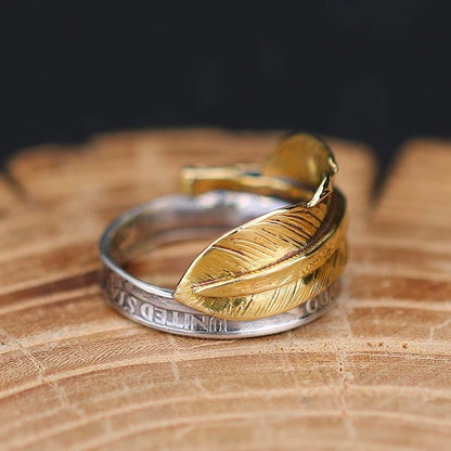 1963 Washington Quarter Silver Coin Ring with Brass Feather