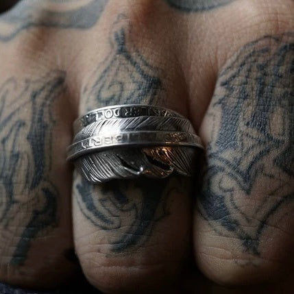 1963 Washington Quarter Silver Coin Ring with Brass Feather