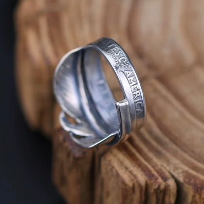 1963 Washington Quarter Silver Coin Ring with Brass Feather