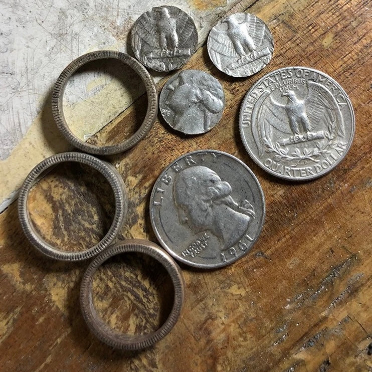 1963 Washington Quarter Silver Coin Ring with Brass Feather