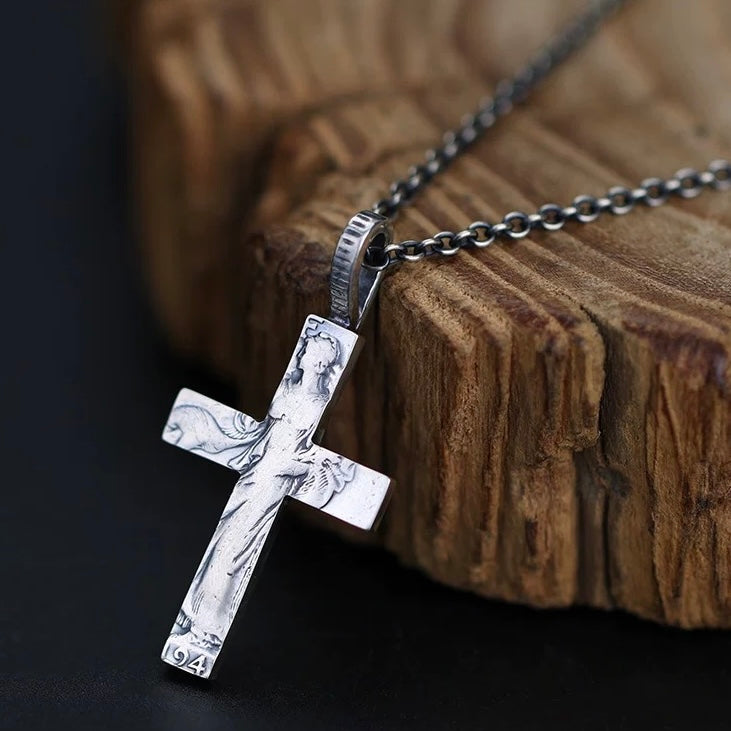 Antique US Silver Coin Cross Necklace