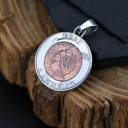 1907 Indian Head Penny in Washington Quarter Silver Coin Necklace with Inlaid Agate Beads