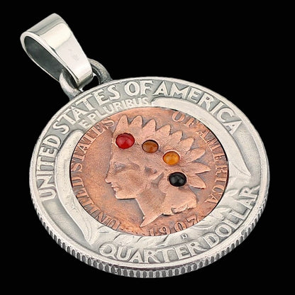 1907 Indian Head Penny in Washington Quarter Silver Coin Necklace with Inlaid Agate Beads