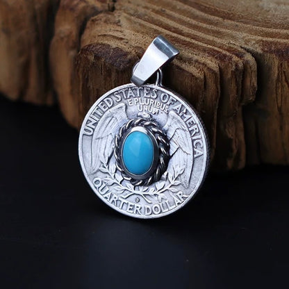 Washington Quarter Coin Silver Necklace with Inlaid Turquoise in Oval Twisted Rope Bezel Setting