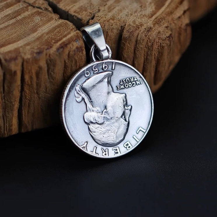 Washington Quarter Coin Silver Necklace with Inlaid Turquoise in Oval Twisted Rope Bezel Setting