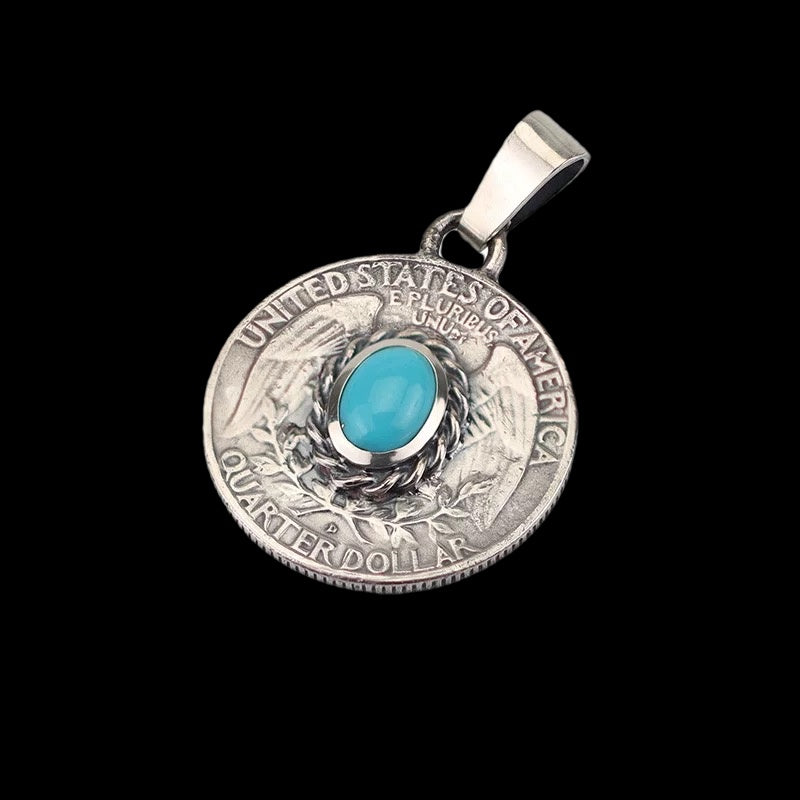 Washington Quarter Coin Silver Necklace with Inlaid Turquoise in Oval Twisted Rope Bezel Setting