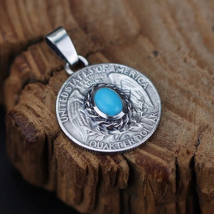 Washington Quarter Coin Silver Necklace with Inlaid Turquoise in Oval Twisted Rope Bezel Setting