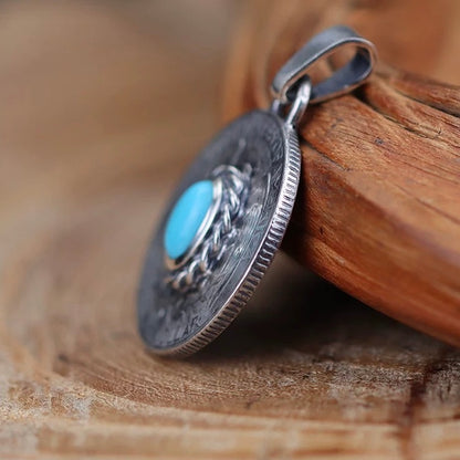 Washington Quarter Coin Silver Necklace with Inlaid Turquoise in Oval Twisted Rope Bezel Setting