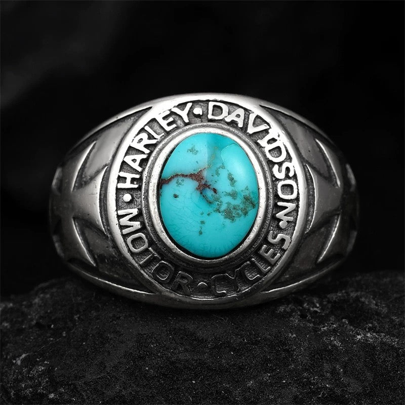 Harley Davidson Turquoise Inlay Men’s Silver Biker Ring