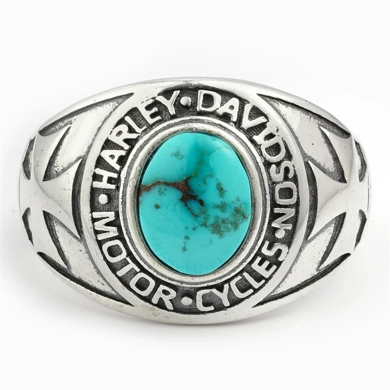 Harley Davidson Turquoise Inlay Men’s Silver Biker Ring