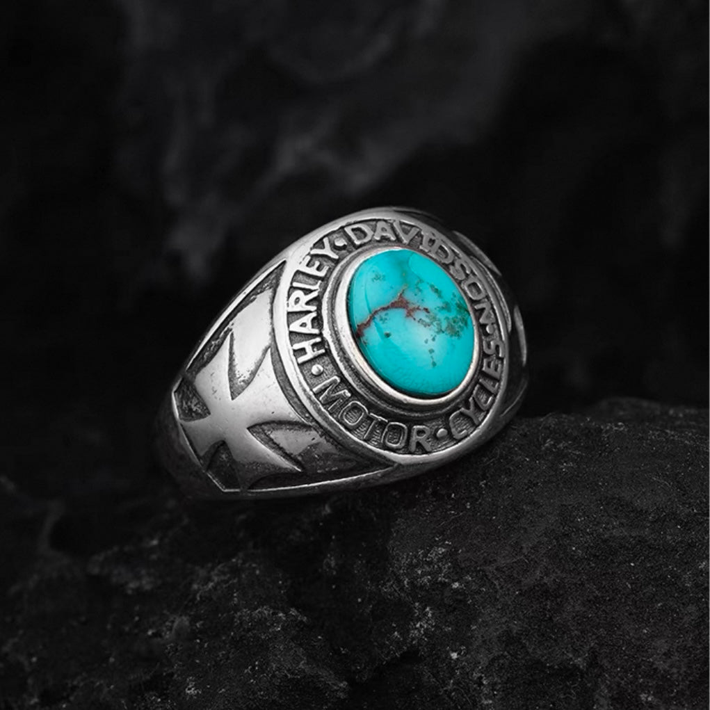 Harley Davidson Turquoise Inlay Men’s Silver Biker Ring