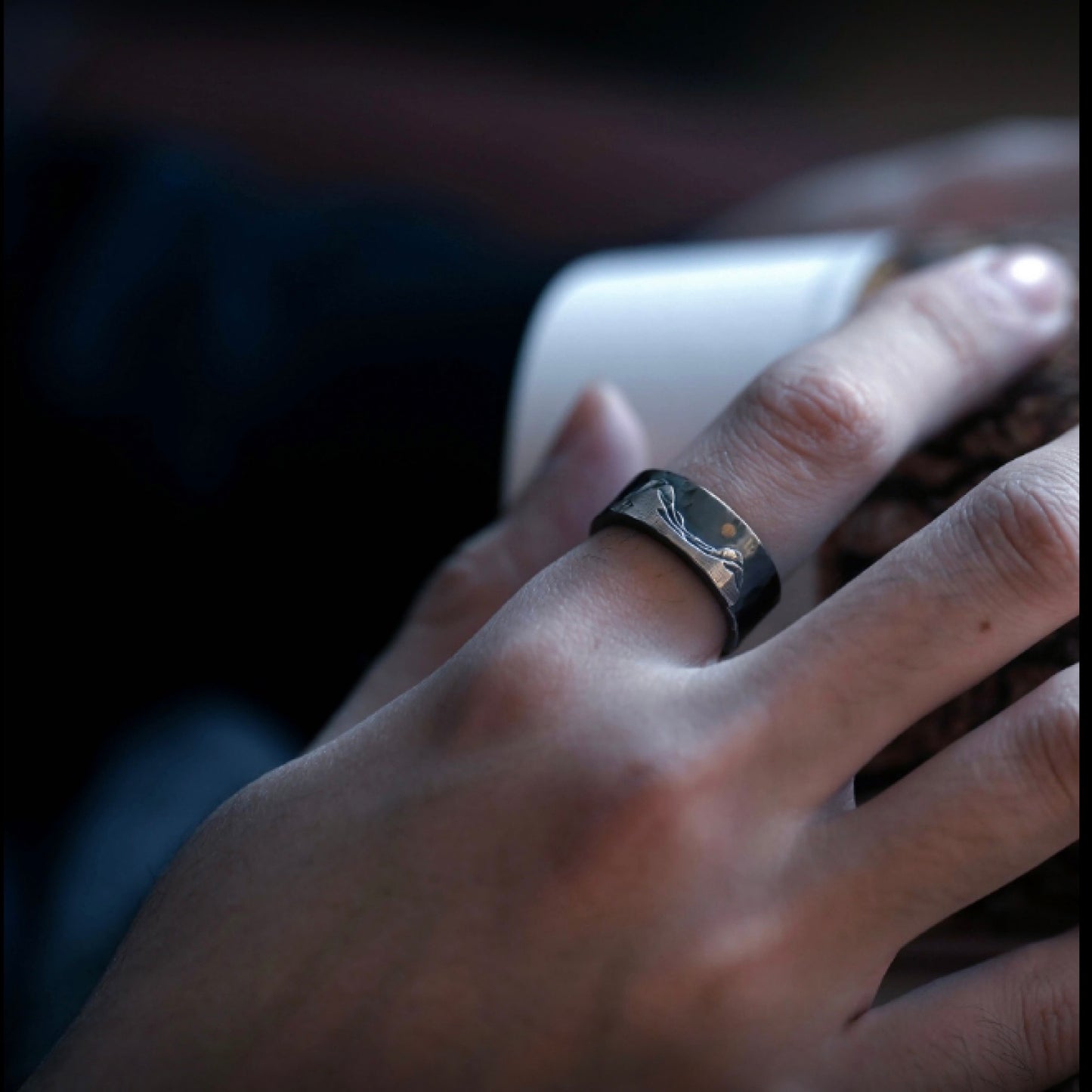 Mountain and 24K Gold-Gilded Moon Silver Ring