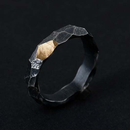 24K Gold-Gilded Faceted Hammered Rock Silver Band Ring