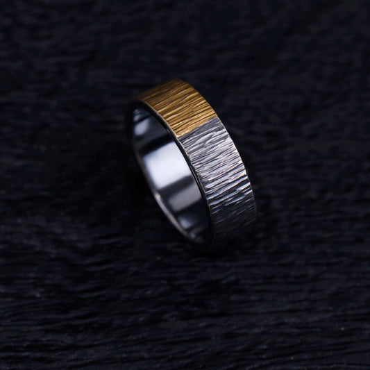 24K Gold-Gilded Wood Grain Silver Band Ring