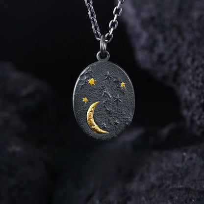 24K Gold-Gilded Moon and Star Men’s Silver Necklace