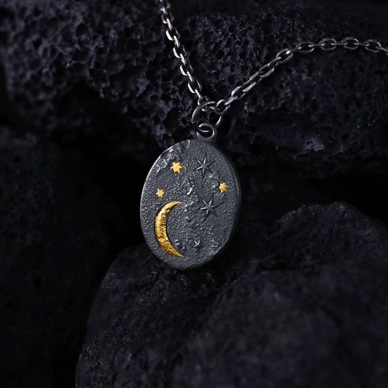 24K Gold-Gilded Moon and Star Men’s Silver Necklace