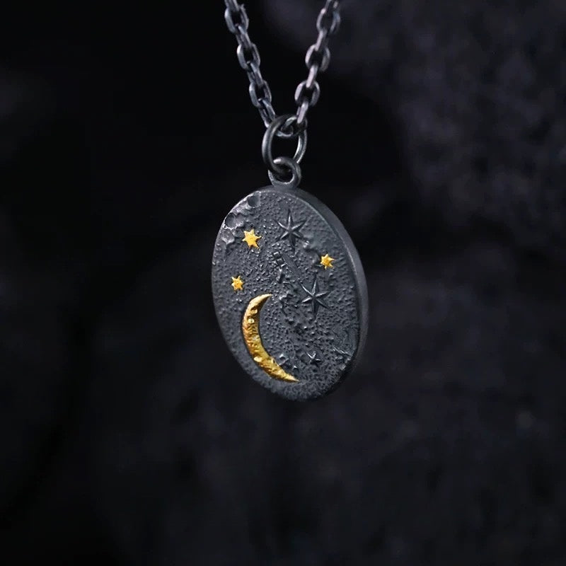 24K Gold-Gilded Moon and Star Men’s Silver Necklace