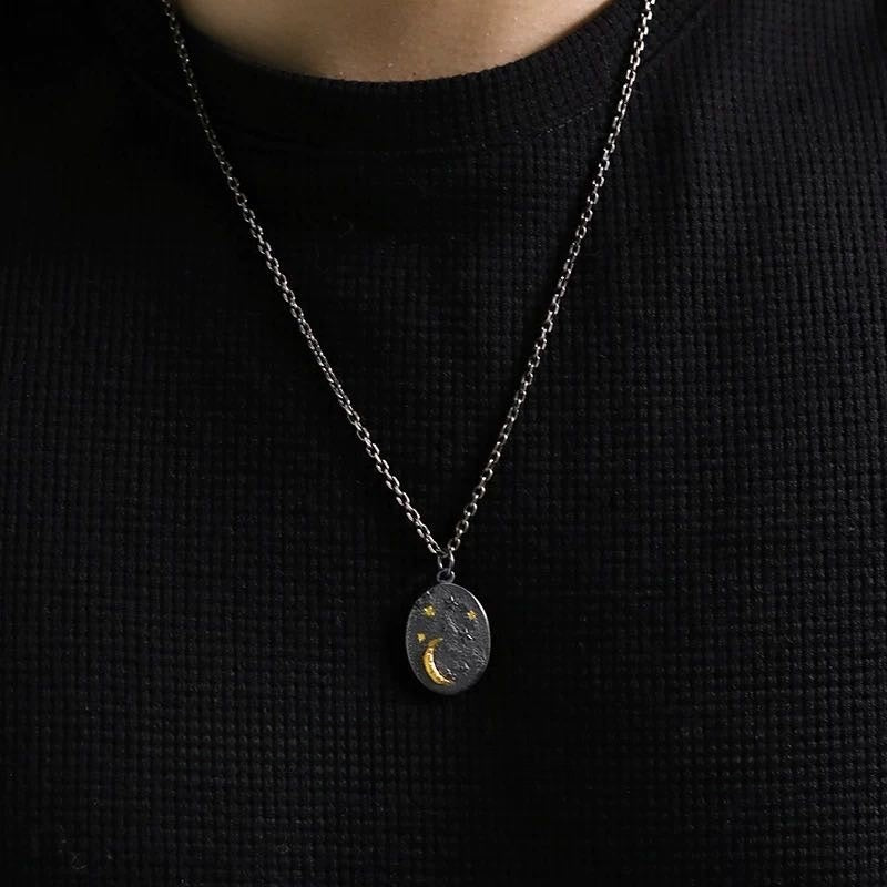 24K Gold-Gilded Moon and Star Men’s Silver Necklace