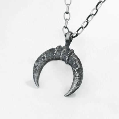 Crescent Moon Silver Necklace with Lunar Crater Design