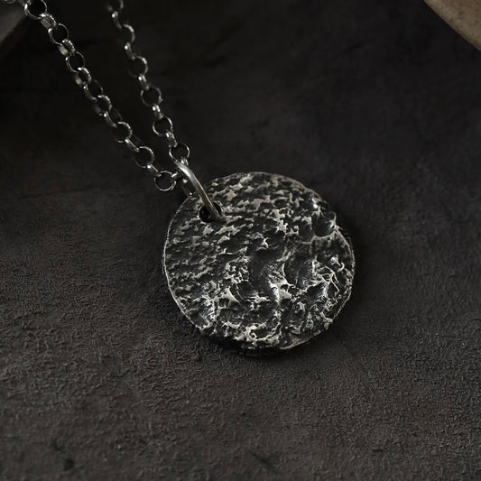 Circle Silver Necklace with Hammered Mountain and Sea Design