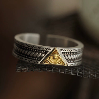 Masonic Triangle Eye of Providence Men’s Silver Cuff Ring