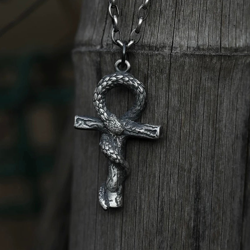 Vintage Egyptian Snake Ankh Cross Silver Necklace